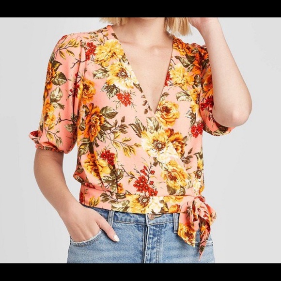 Xhilaration Floral-Print Elbow-Sleeve V-Neck Wrap Top Size XS - Picture 1 of 7